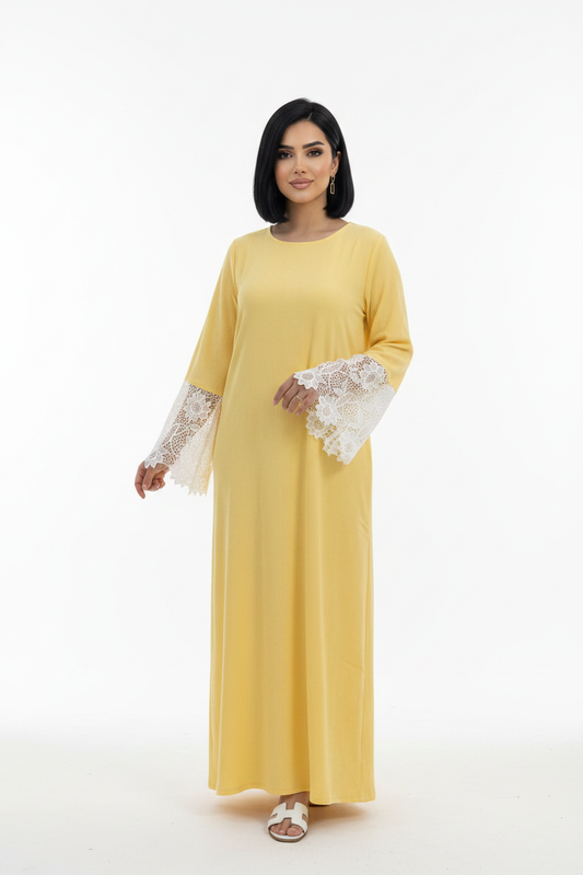 Elegant Lace Sleeve Flowing Dress - Yellow