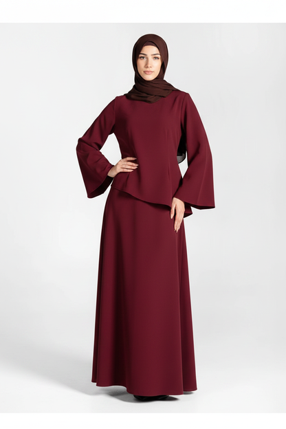 Premium Pleated Asymmetric Two-Piece Skirt Set - Bordeaux