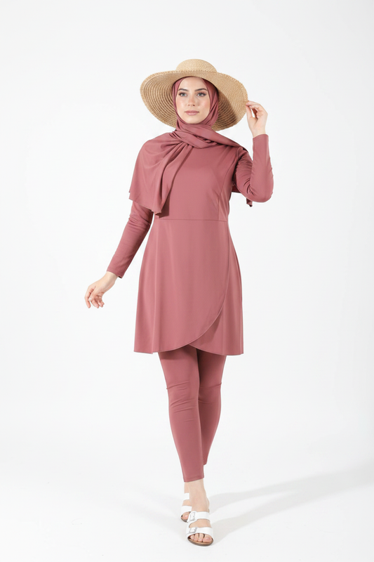 Elegant Flared 3-Piece Burkini Set - Dusty Rose
