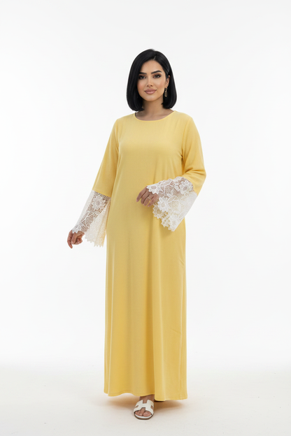 Elegant Lace Sleeve Flowing Dress - Yellow