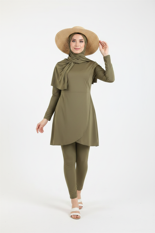 Elegant Flared 3-Piece Burkini Set - Olive Khaki