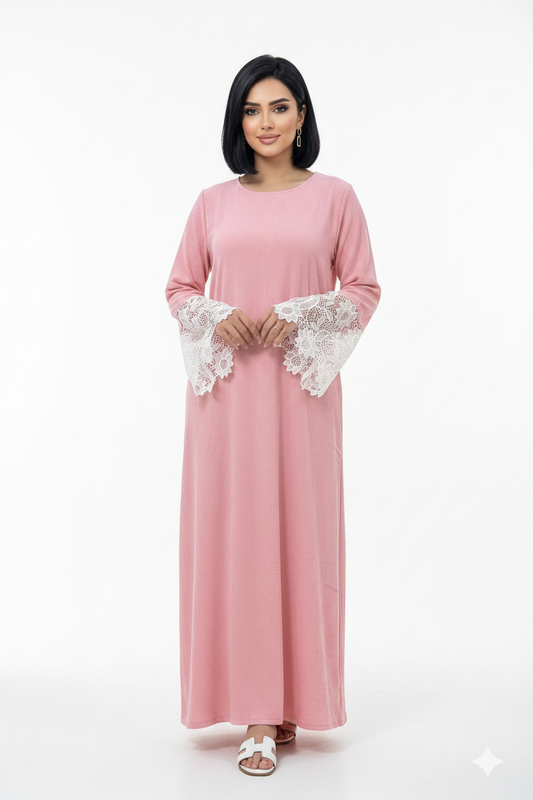 Elegant Lace Sleeve Flowing Dress - Pink
