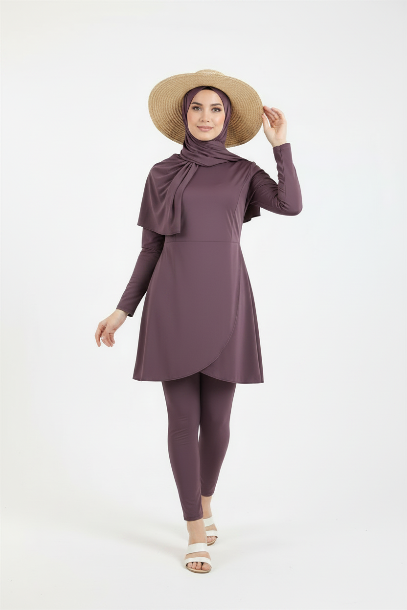 Elegant Flared 3-Piece Burkini Set - Dark Mauve